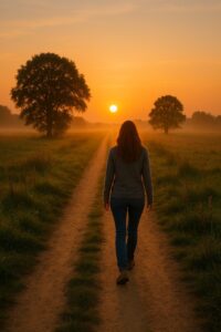 Mujer camina por un sendero, al amanecer y se ven dos árboles y el sol.