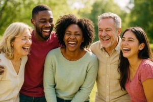 Cinco personas, tres mujeres y dos hombres, riendo, en comunidad y de diversas culturas: occidentales-europeos, afroamericanos, norteamericanos y de diversas edades. Transmite diversidad, respeto, apoyo y tolerancia a los demás. Expresa la unión en comunidad.