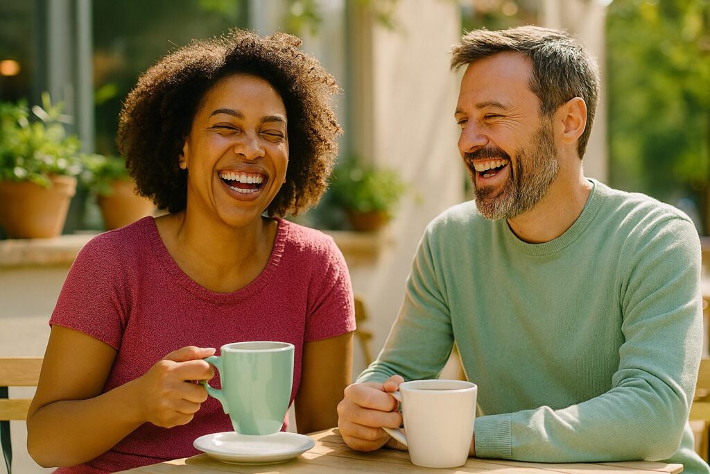 Hombre con rasgos europeos y mujer con rasgos afroamericanos, de mediana edad (45-50 años), ríen y toman café sentados en una terraza de alguna cafetería, de una ciudad.
