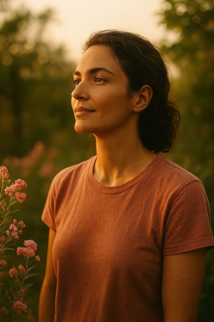 Mujer mirando al frente, al atardecer, en un campo rodeada de flores y expresión serena y sonriente.