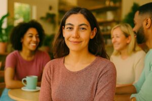 Mujer y dos mujeres compartiendo un momento tranquilo, en una cafetería, simbolizando el equilibrio entre cuidar de los demás y de uno mismo. Mensaje: “No confundas el amor propio con el egoísmo”.