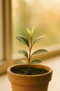 Se ve una maceta junto a una ventana, con una planta verde, joven, con 8 hojas, que está creciendo.