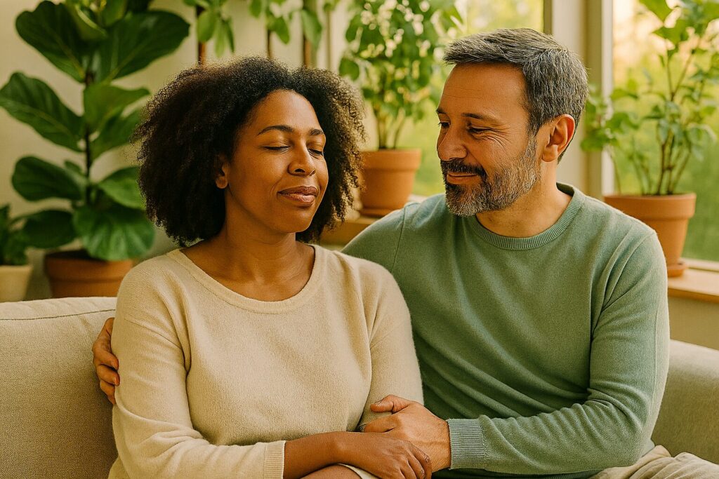 Hombre y mujer sentados en el interior de una casa, en una habitación luminosa, con un fondo lleno de plantas. La mujer afroamericana está relajada, con los ojos cerrados y manos cruzadas y el hombre la mira con sonrisa y agarrando su brazo de forma afectuosa. Ambos expresan calma, relajación y amabilidad.