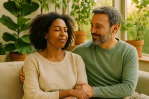 Hombre y mujer sentados en el interior de una casa, en una habitación luminosa, con un fondo lleno de plantas. La mujer afroamericana está relajada, con los ojos cerrados y manos cruzadas y el hombre la mira con sonrisa y agarrando su brazo de forma afectuosa. Ambos expresan calma, relajación y amabilidad.