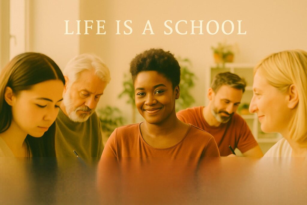 Grupo de personas de diferentes rasgos, nacionalidades y edades, sonrientes, en una habitación con plantas, con cuadernos y bolígrafos, comparten el aprendizaje de la vida: "Life is a school", aparece de frase en la parte superior.