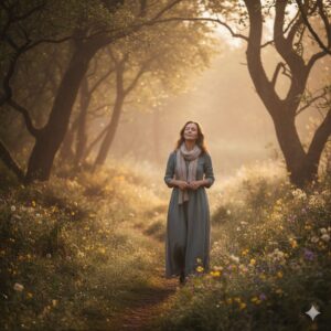 Mujer por el bosque paseando felizmente.