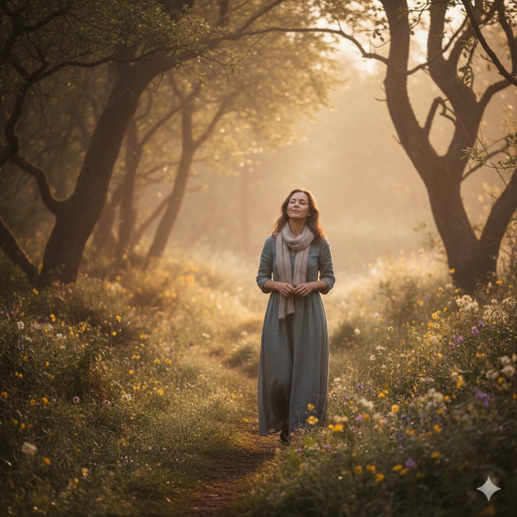 Mujer por el bosque paseando felizmente.