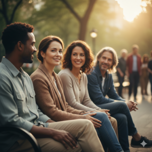 la imagen representa a 4 personas sentadas, en un ambiente amable, tranquilo y seguro, para expresar que hay que rodearse de personas que te apoyen y valoren y no te critiquen y opinen de ti de forma destructiva