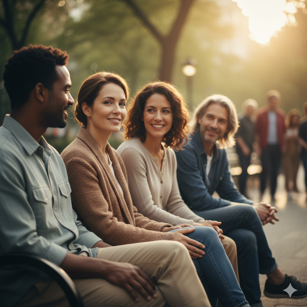 la imagen representa a 4 personas sentadas, en un ambiente amable, tranquilo y seguro, para expresar que hay que rodearse de personas que te apoyen y valoren y no te critiquen y opinen de ti de forma destructiva