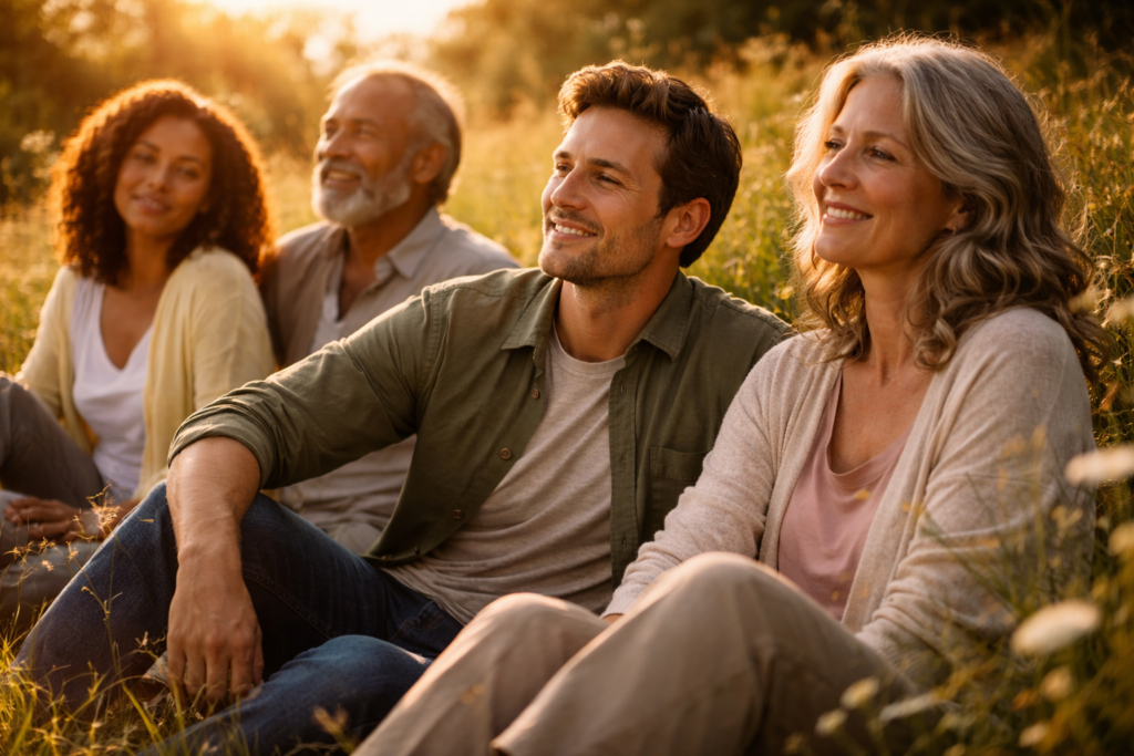 Personas de diferentes edades compartiendo un momento de paz y alegría en la naturaleza, representando la felicidad y el bienestar emocional en personas altamente sensibles