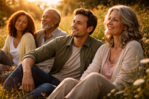 Personas de diferentes edades compartiendo un momento de paz y alegría en la naturaleza, representando la felicidad y el bienestar emocional en personas altamente sensibles