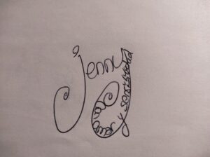 Firma manuscrita: Jenny, con amor y sensibilidad. Las letras "J" y "Y" aparecen cada una con una rúbrica tipo espiral que representan las "espirotrompas", lenguas de las mariposas. El punto de la j es un número 9 y dentro de la segunda rúbrica aparece la frase de despedida.